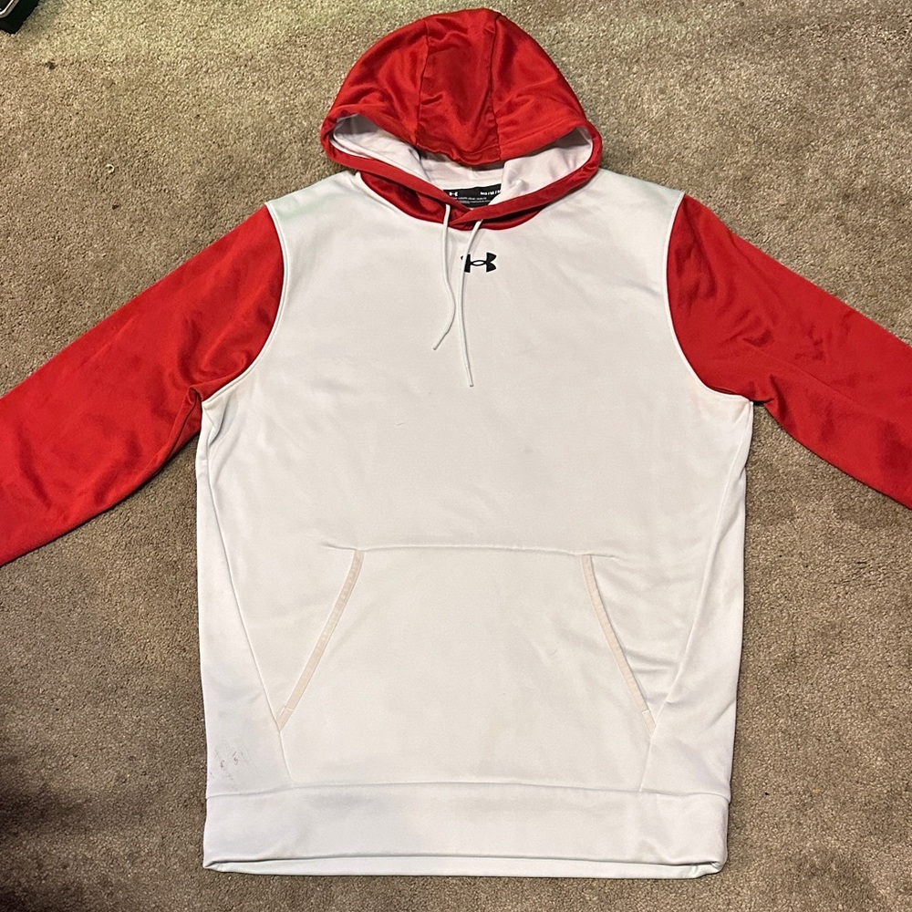Under Armour Mens Rival Fleece Pullover Hoodie Sweatshirt Red White Logo Size M